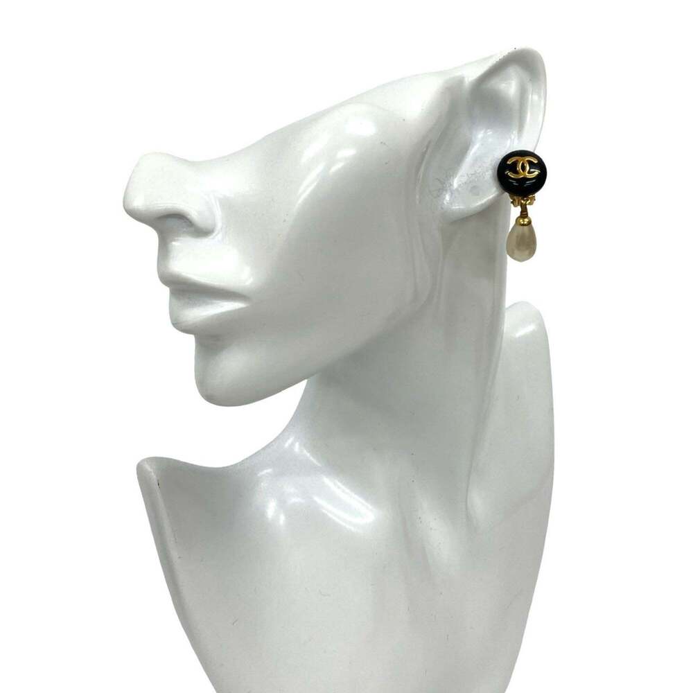 CHANEL Authentic Vintage Black Pearl Logo Earrings - Picture 1 of 6